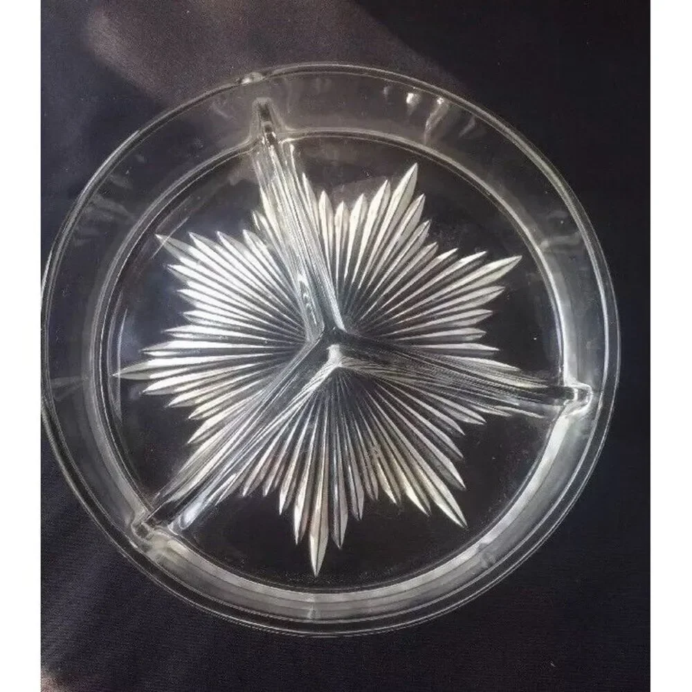 Vintage 3-Section Starburst Glass Relish Nut Dish Divided Candy‎ Tray Atomic MCM